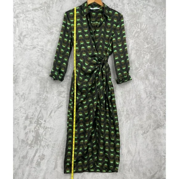 Zara Retro Printed Twill Wrap Shirt Midi Dress Disco Long Sleeve - Picture 11 of 15